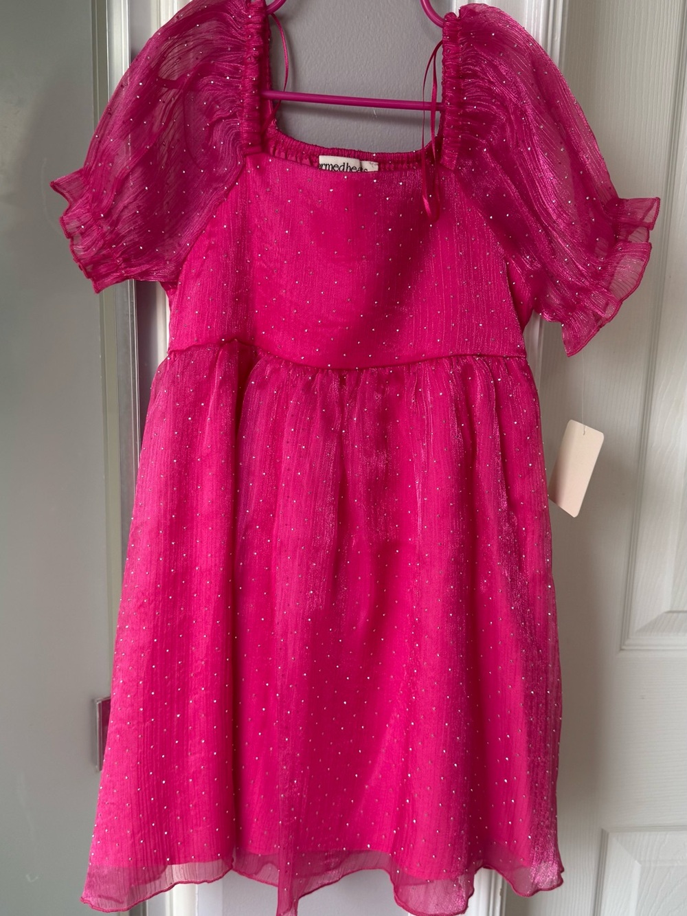 Girls' Sparkle Puff-Sleeve Formal Dress in Fuchsia